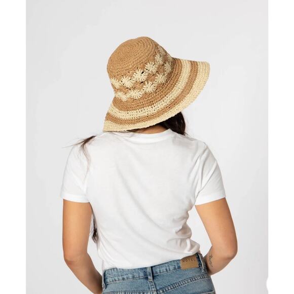 San Diego Hat Company Anthropologie Floral Striped Crocheted Bucket Hat Natural - Picture 3 of 8